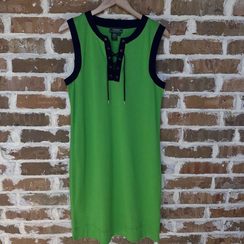 Ralph Lauren Dress Women's Size S‎ Green 100% Cotton Sleeveless Lace Up Summer